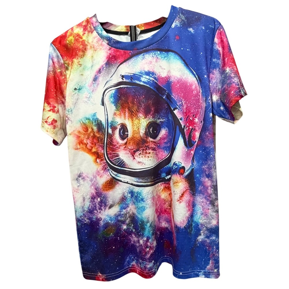 Galaxy Space Cat Astronaut‎ T-Shirt All Over Print Graphic Tee Multicolor Size M